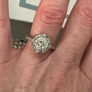 Charles and Colvard Forever One 2.0 carat mossiante halo engagement ring size 6